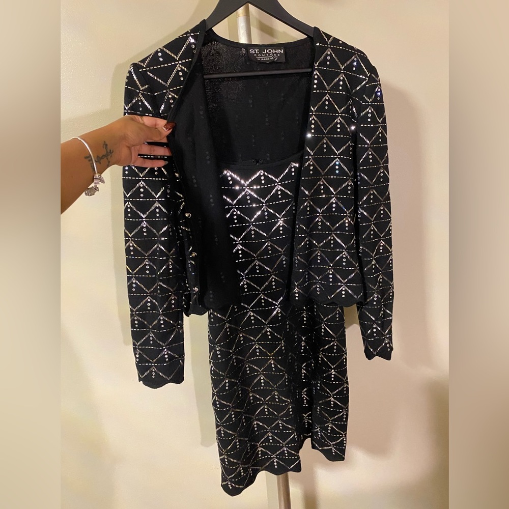 St. John Black Knit Dress - Sequin Elegance & Bolero Glam 2 Piece